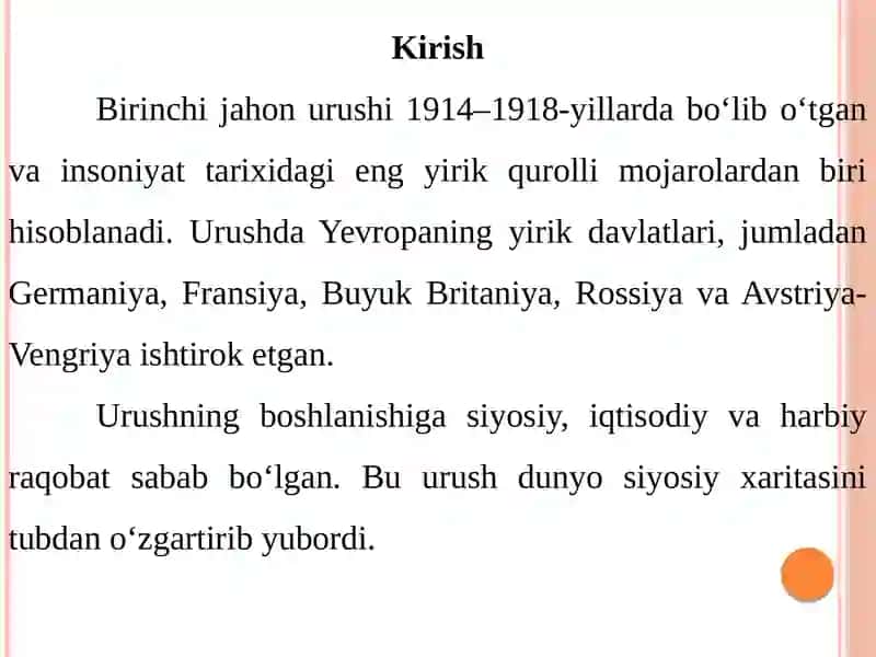 Birinchi jahon urushining kelib chiqish sabablari va oqibatlari 2