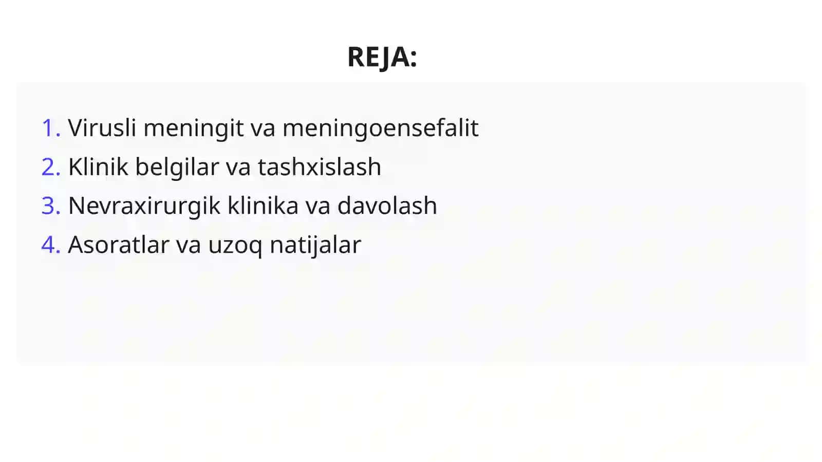 Virusli Meningit va Meningoensefalit: Nevraxirurgik Klinika va Asoratlar 2