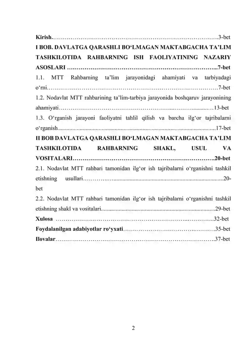 Davlatga qarashli bo‘lmagan maktabgacha ta’lim tashkilotida rahbarning ish faoliyati 2