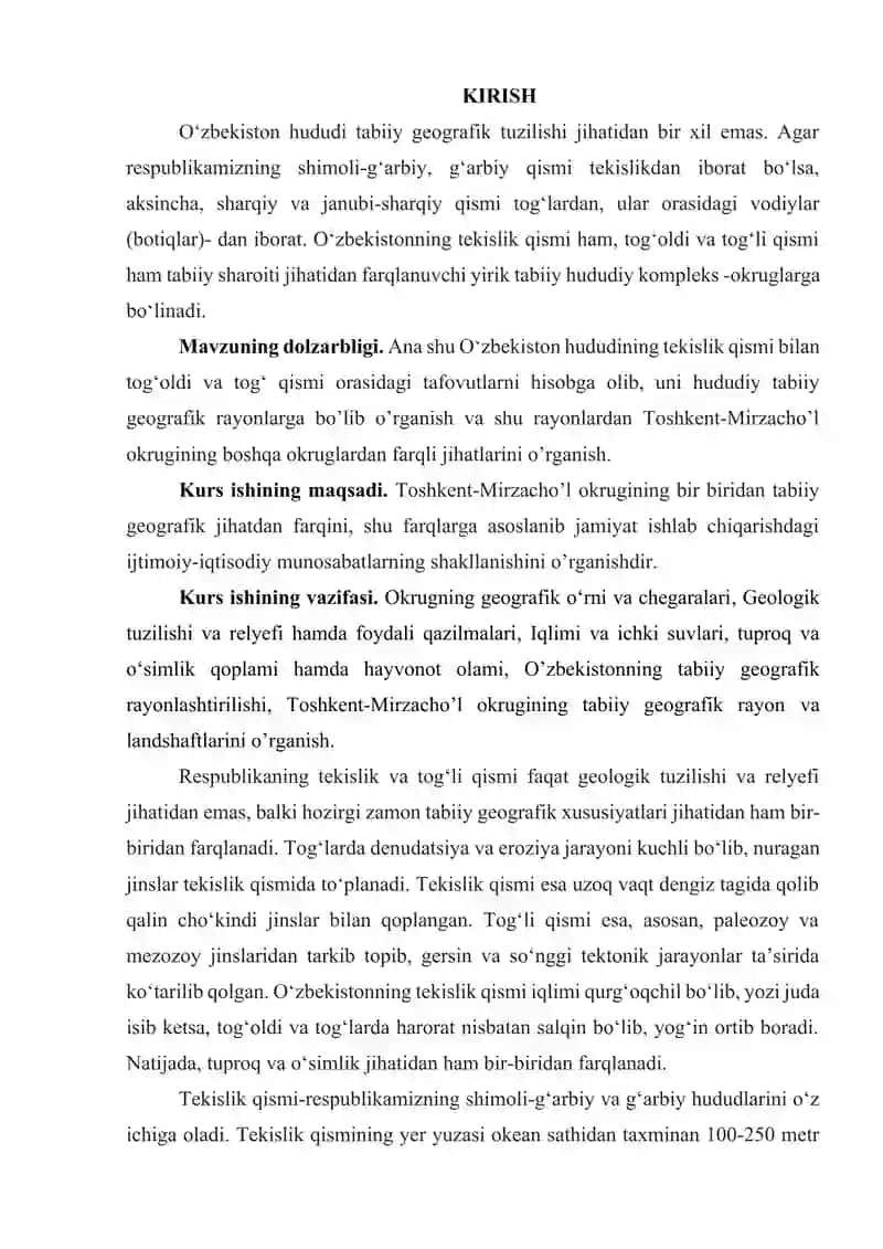 Toshkent-Mirzacho’l tabiiy geografik okrugiga umumiy tabiiy geografik tavsif.Kurs ishi 2