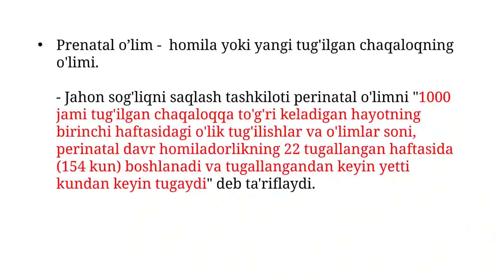 Prenatal, Intranatal va Postnatal o’lim xususiyatlari 2