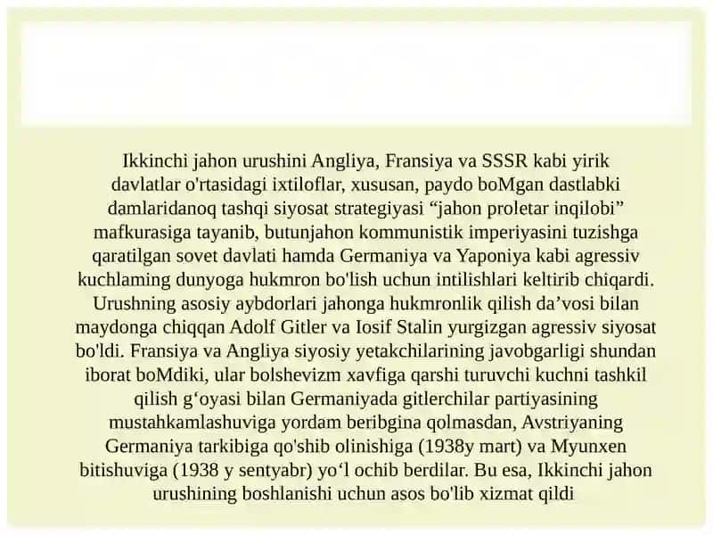 Ikkinchi jahon urushi yillarida 0‘zbek xalqining fashizm ustidan qozongan g‘alabaga qo‘shgan hissasi 2