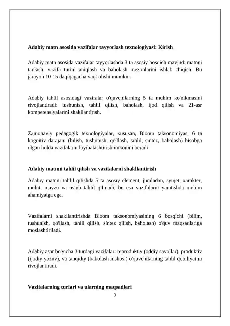 Adabiy matn asosida topshiriqlarni tayyorlash texnologiyasi 2