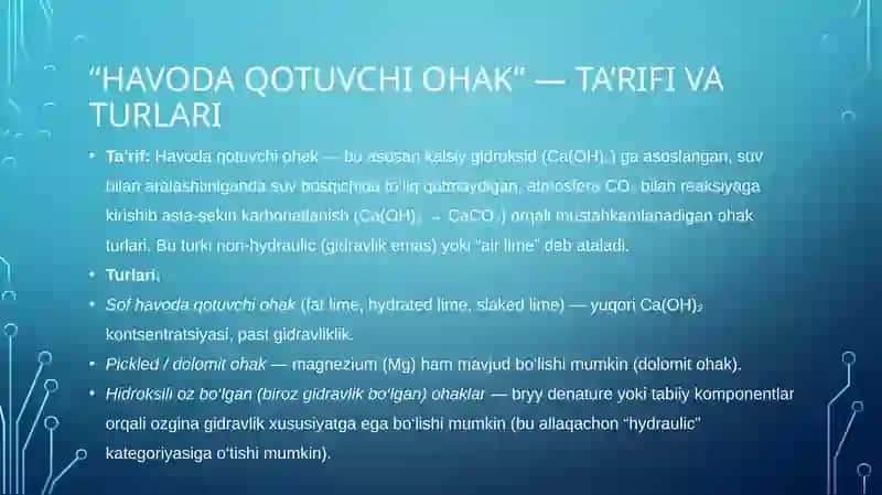 Havoda qotuvchi ohak, me'yoriy xujjatlari va xossalari. Organik bog'lovchi moddalar 2