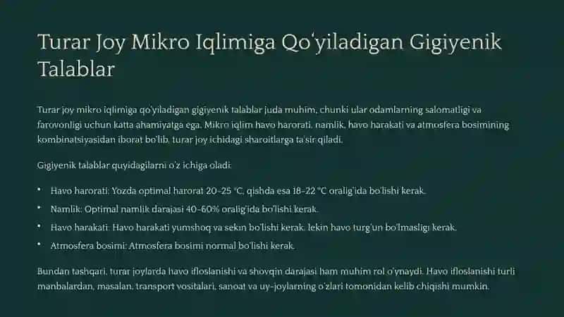 Zamonaviy Turar-joylar va Shaharlardagi Yashash Mavzelariga Bo‘lgan Gigiyenik Talablar 2