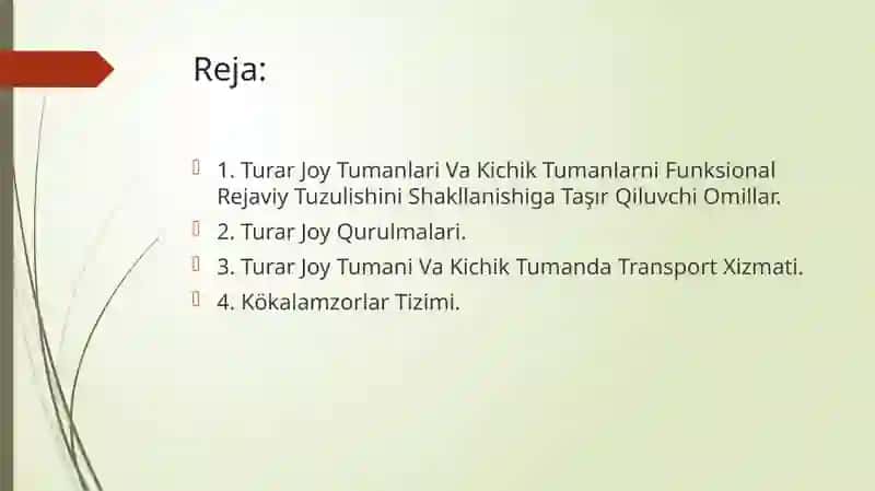 Shahar turar joy tumanlari va kichik tumanlarni rejalashtirish va loyihalash. Turar joy tumanlarining asosiy prinsplari. 2