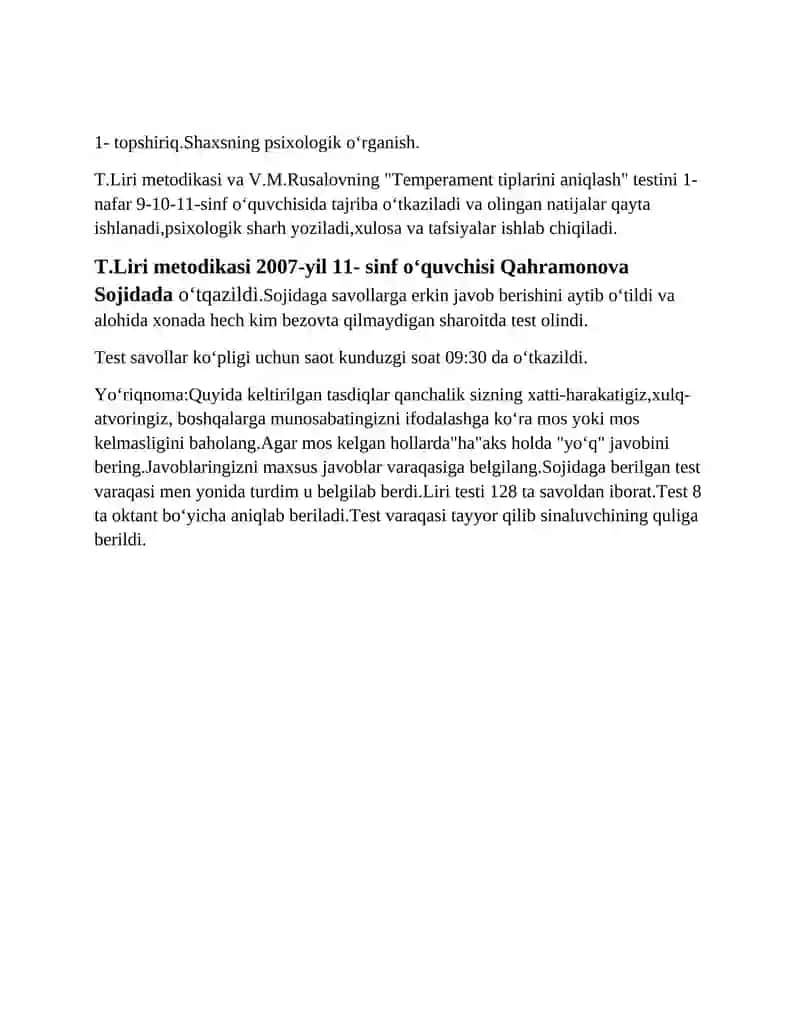 T.Liri metodikasi va V.M.Rusalovning "Temperament tiplarini aniqlash" testi 2