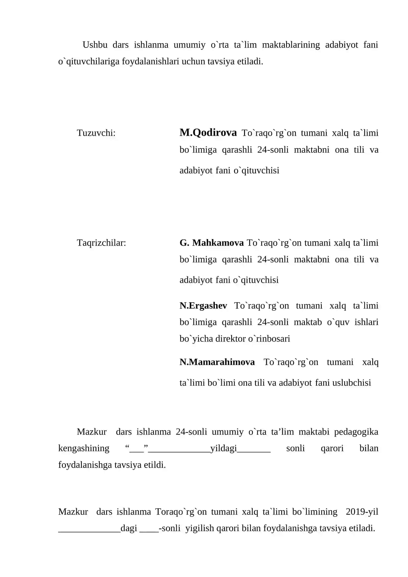 6-sinf Adabiyot Sariq devni minib asar tahlili ochiq dars ishlanma 2