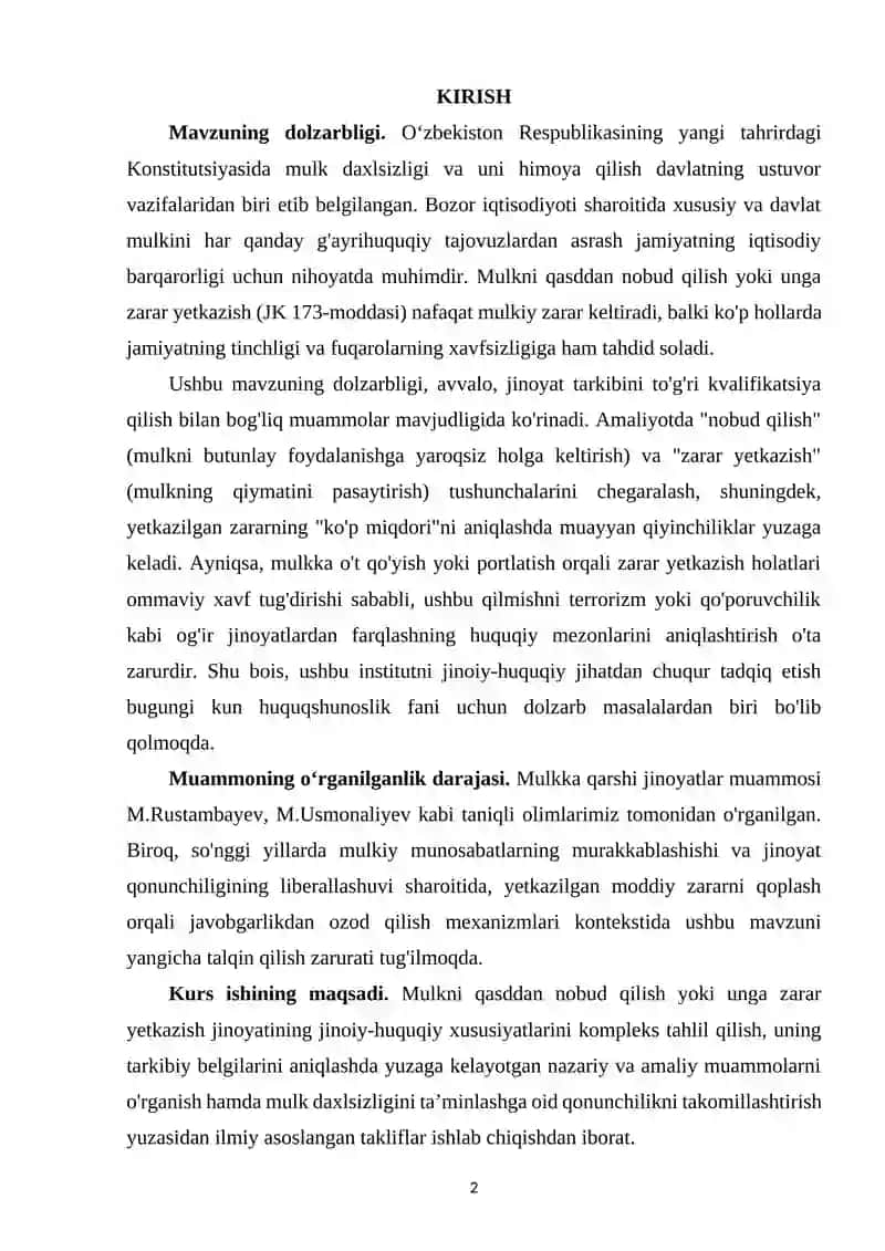 MULKNI QASDDAN NOBUD GILISH YOKI UNGA ZARAR YETKAZISHNING JINOIY-HUQUQIY XUSUSIYATLARI 2