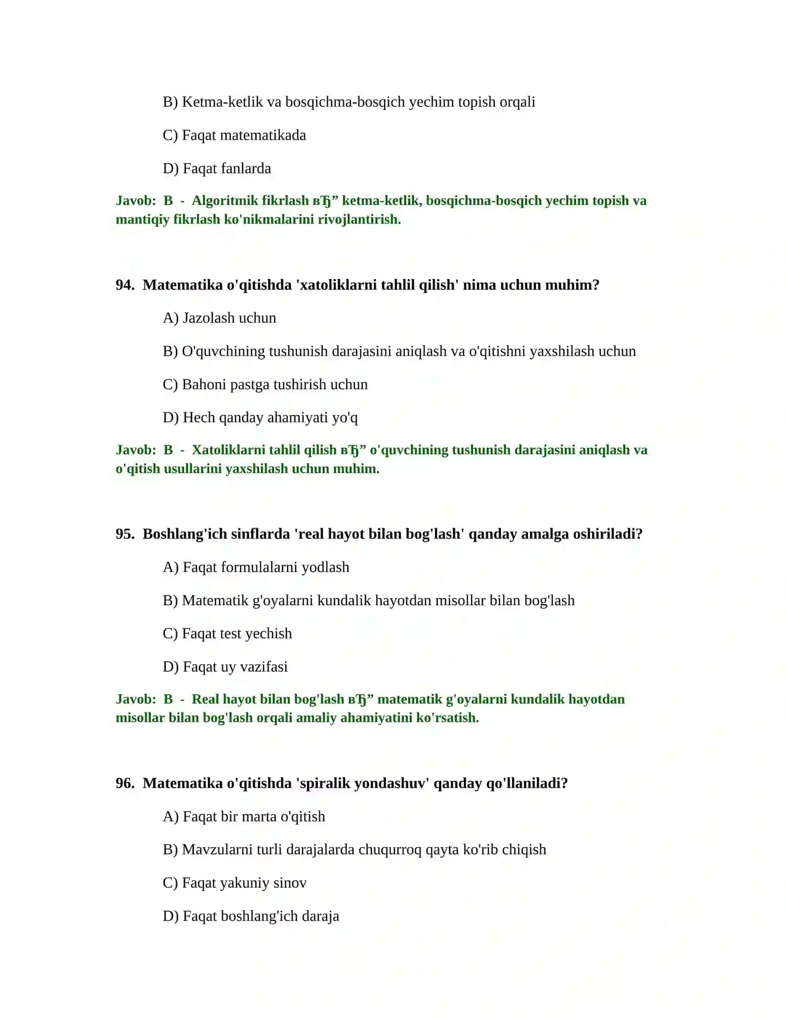 BOSHLANG'ICH TA'LIM O'QITUVCHISI TEST SINOVLARI 2