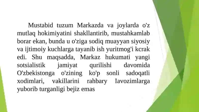 Mustabid tuzum Markazda va joylarda o'z mutlaq hokimiyatini shakllantirib, mustahkamlab borar ekan 2