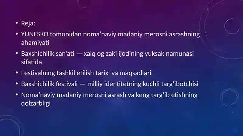 YUNESKO shafeligida oʼtkaziladigan "Baxshichilik sanʼati festivali" mavzusi uchun taqdimot 2
