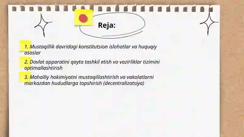 Mustaqillik yillarida davlat boshqaruvi tizimida amalga oshirilgan islohotlar 2