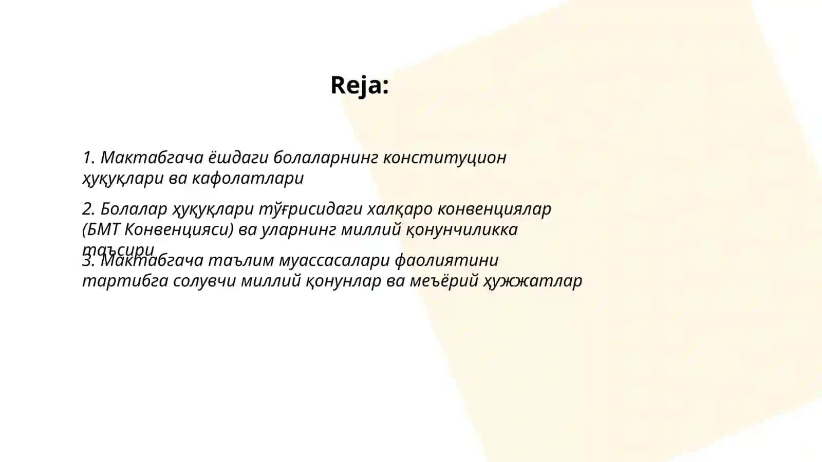 Мактабгача ёшдаги болаларнинг хукукларини химоя килувчи конун хужжатлари билан ишлаш 2
