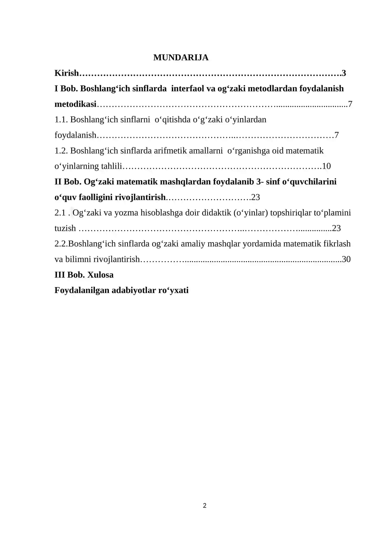 “OG‘ZAKI MATEMATIK MASHQLARDAN FOYDALANIB 4-SINF O‘QUVCHILARINI O‘QUV FAOLLIGINI RIVOJLANTIRISH” KURS ISHI 2