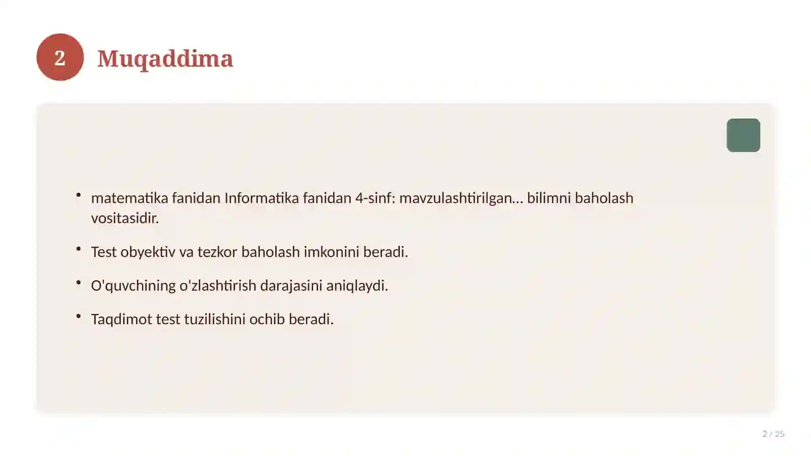 Informatika fanidan 4-sinf: mavzulashtirilgan nazorat ishi va tahlil 2