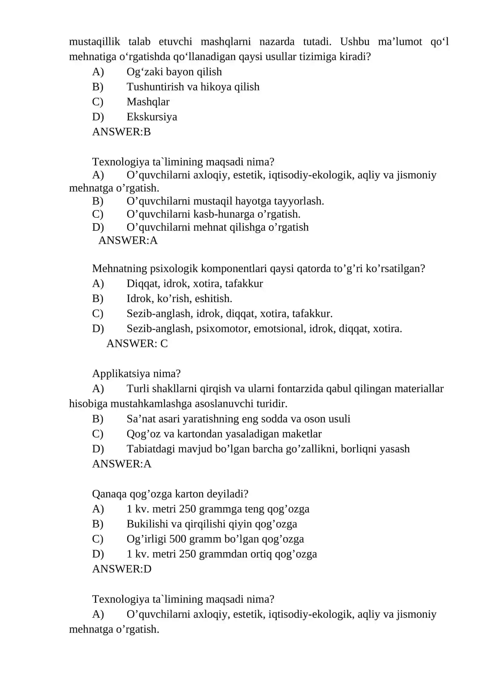 Texnologiya va uni o’qitish metodikasi fanidan YADAK test savollari 2