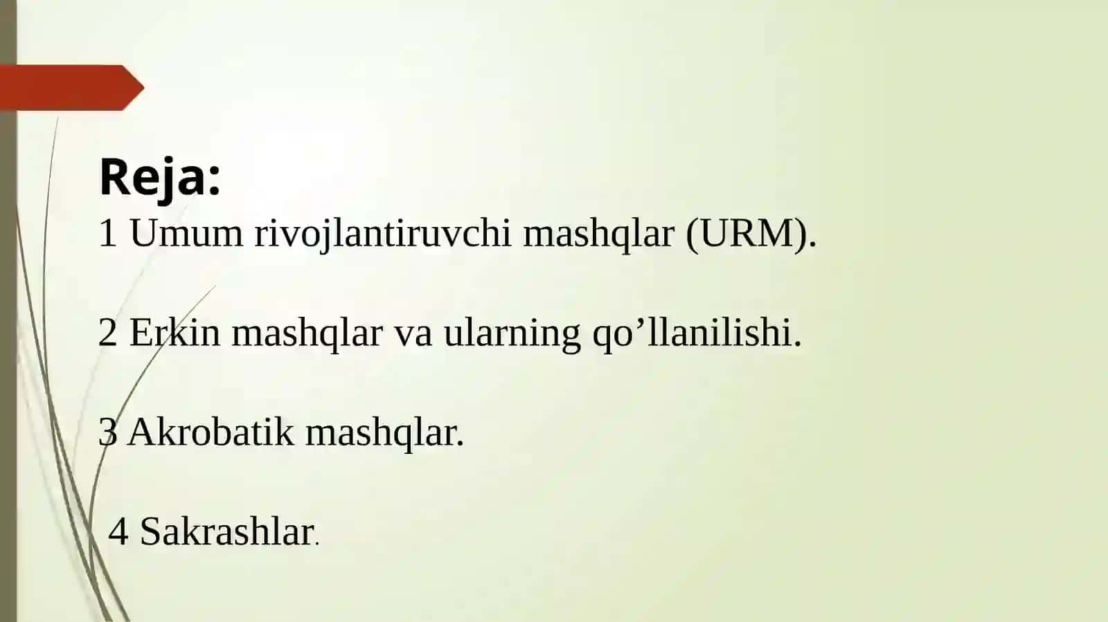 Gimanistikaning umumiy va maxsus tayyorgarlik mashqlar bo'yicha to'garaklarni tashkiletish 2