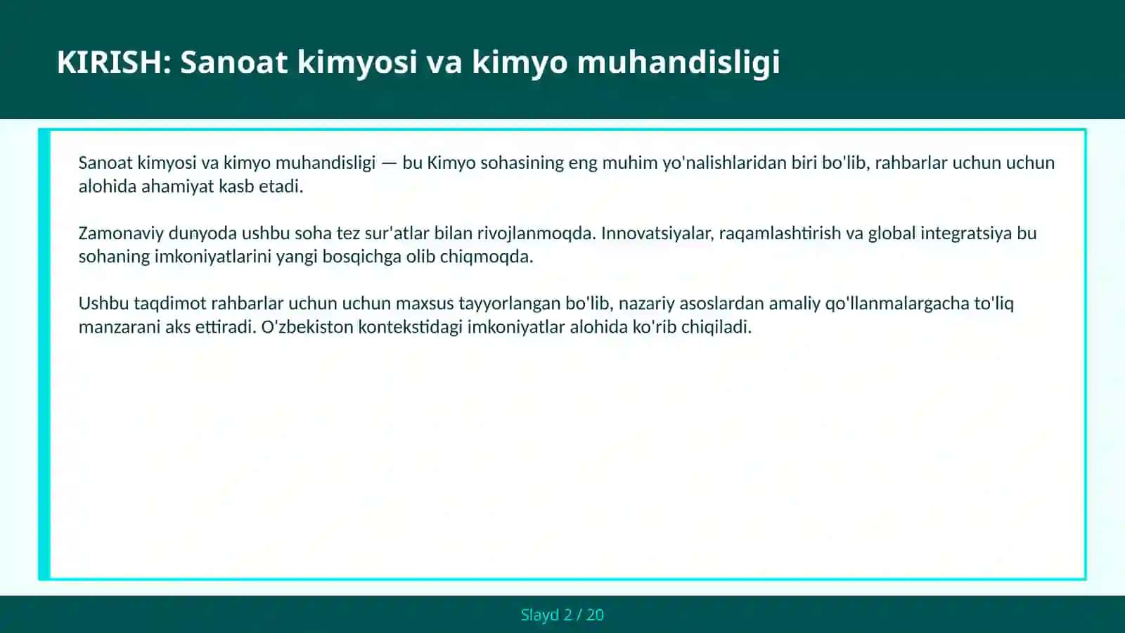Sanoat Kimyosi va Kimyo Muhandisligi 2