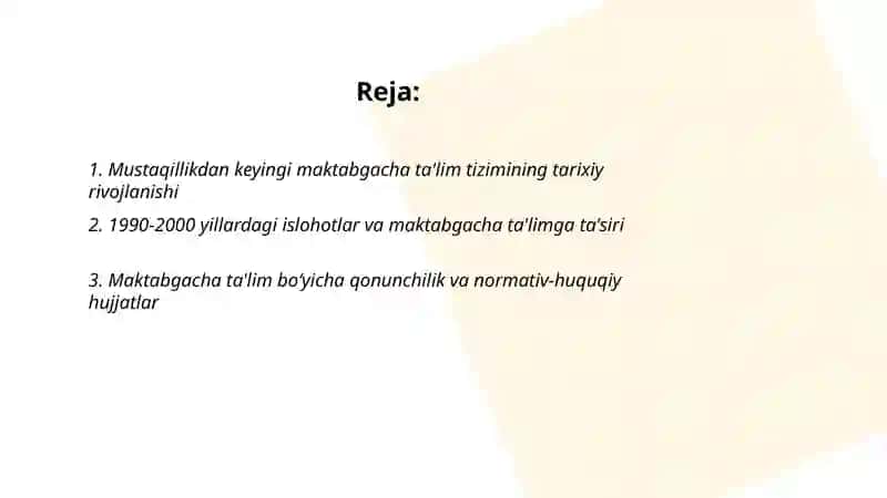 O'zbekiston mustaqillikka erishgandan keyingi davrdagi maktabgacha ta'lim tizimi 2