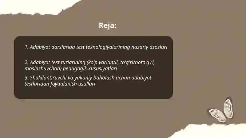 Adabiyotdan test texnologiyalari va ulardan foydalanish usullari 2