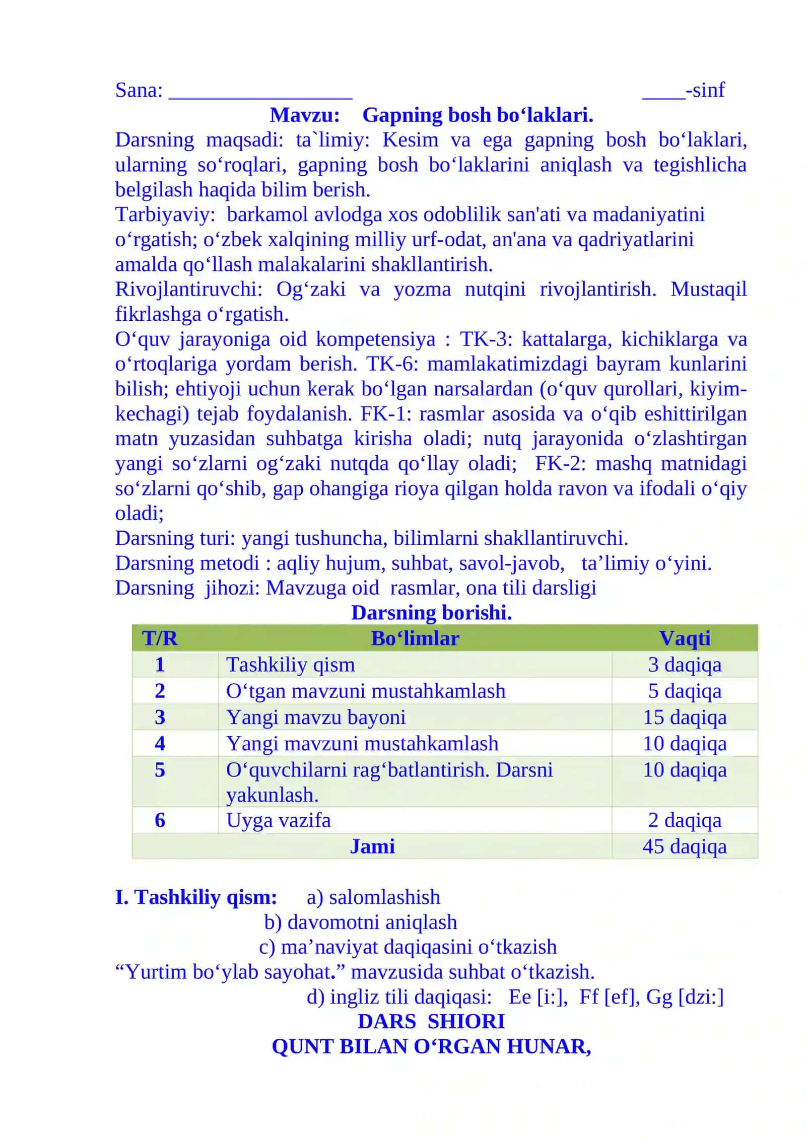 3-sinf ona tili fanidan Gapning bosh bo'laklari 1-chorak dars ishlanmasi 2