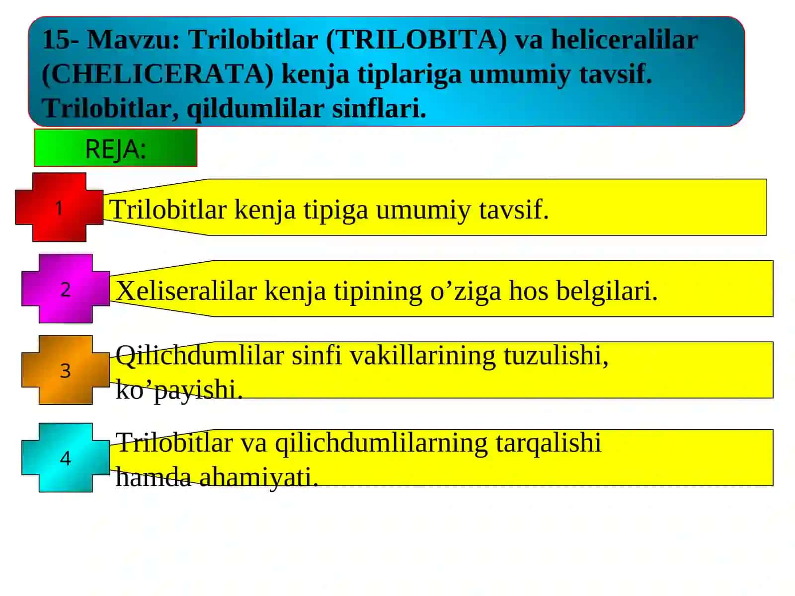 Trilobitlar (TRILOBITA) va heliceralilar (CHELICERATA) kenja tiplariga umumiy tavsif 2