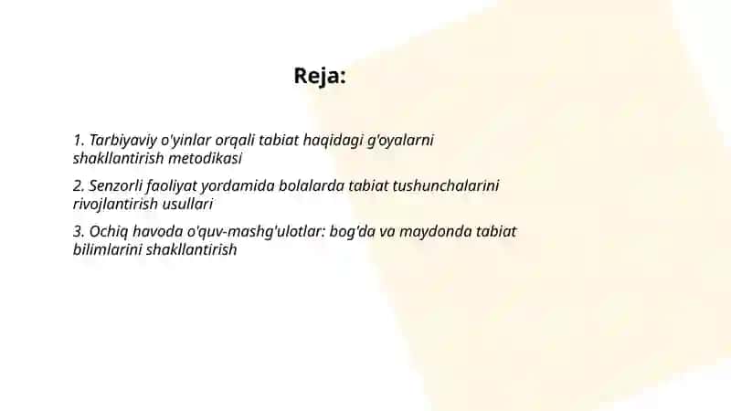 Maktabgacha talim tashkilotlarida bolalarning tabiat haqida ĝoyalarini shakllantirish metodikasi 2