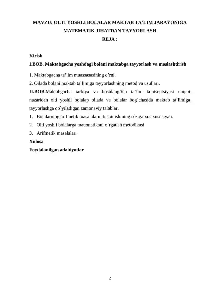 OLTI YOSHLI BOLALAR MAKTAB TA’LIM JARAYONIGA MATEMATIK JIXATDAN TAYYORLASH 2