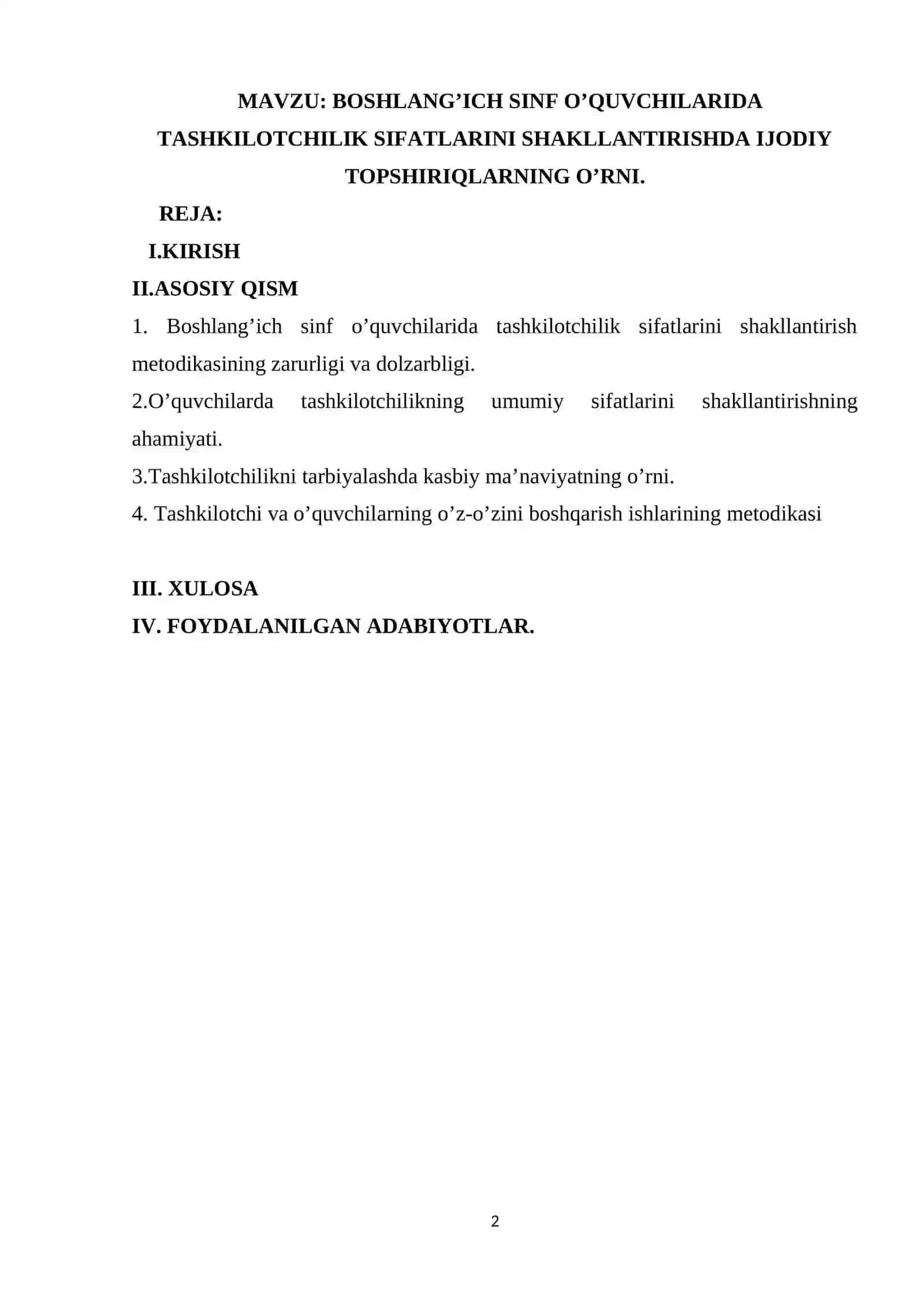 BOSHLANG’ICH SINF O’QUVCHILARIDA TASHKILOTCHILIK SIFATLARINI SHAKLLANTIRISHDA IJODIY TOPSHIRIQLARNING O’RNI 2