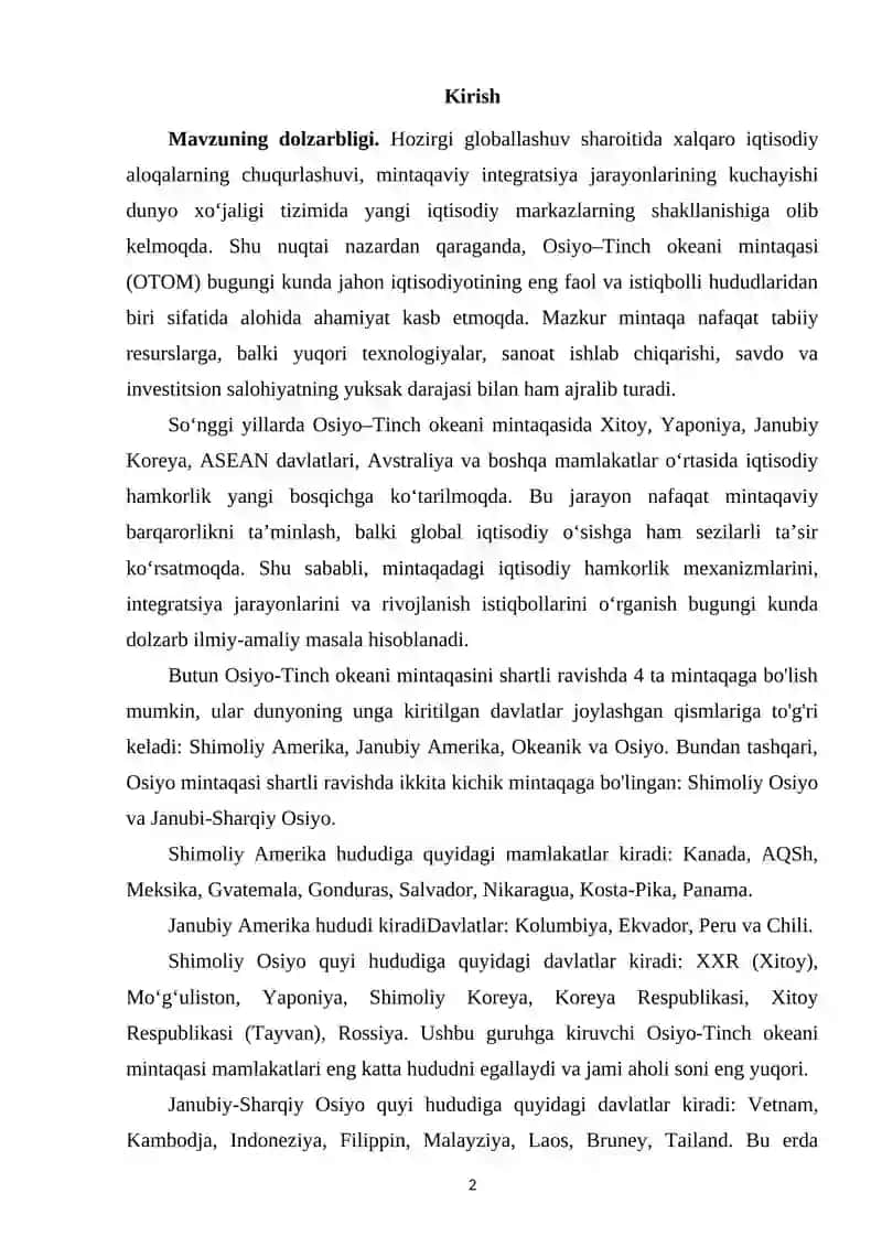 OSIYO -TINCH OKEANI MINTAQASIDAGI IQTISODIY HAMKORLIK VA RIVOJLANISH ISTIQBOLLARI 2
