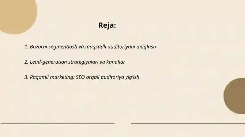 Bozorni segmentlash va maqsadli auditoriyani yig‘ish 2