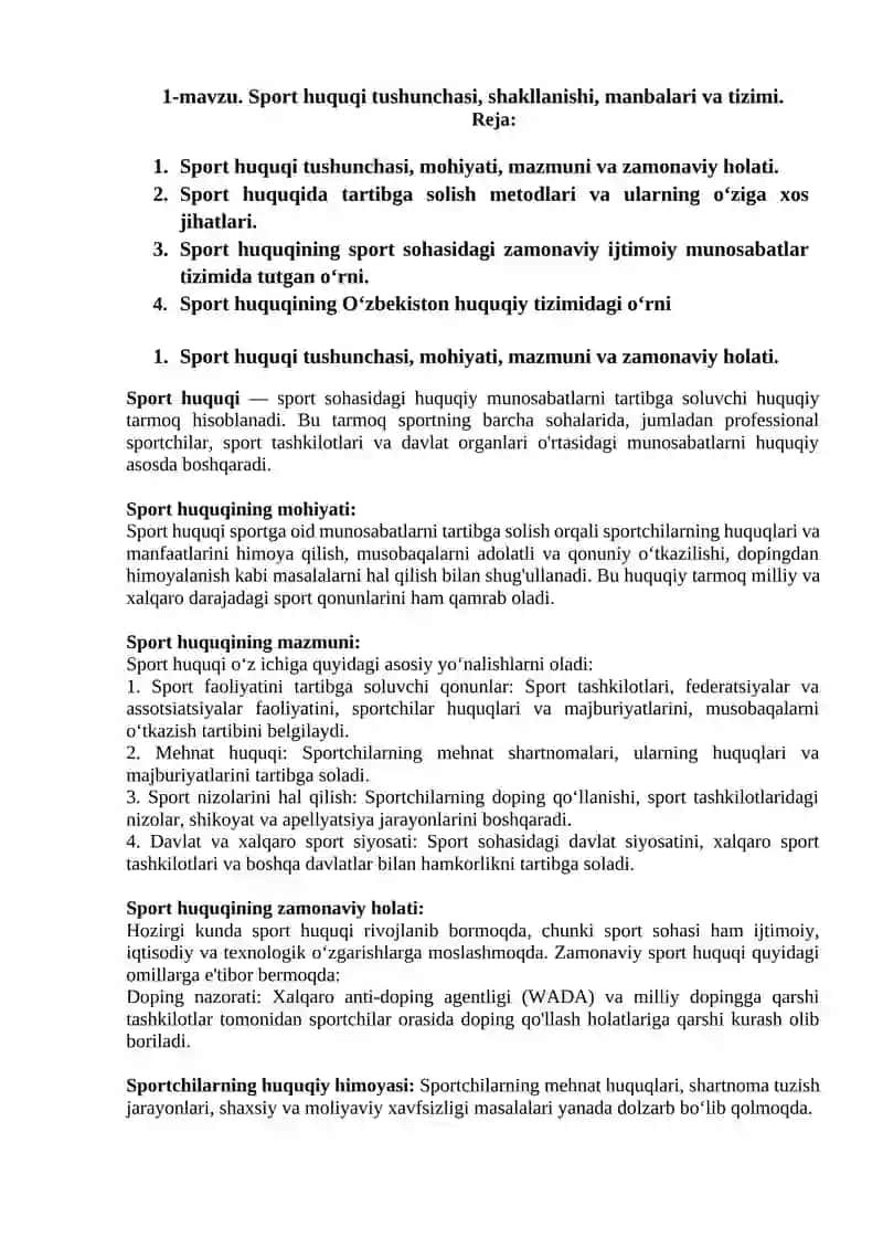 Sport huquqi tushunchasi, shakllanishi, manbalari va tizimi 2