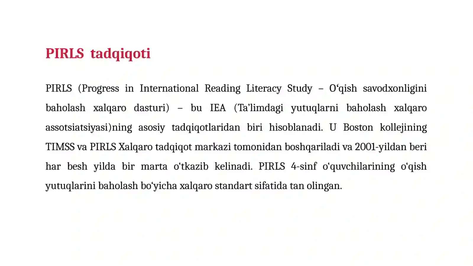 Boshlang‘ichsinfo‘quvchilariningo‘qishsavodxonliginibaholashxalqarodasturihamdaPIRLS 2021tadqiqotinatijalari 2