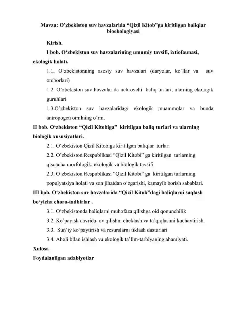 O’zbekiston suv havzalarida “Qizil Kitob”ga kiritilgan baliqlar bioekologiyasi 2
