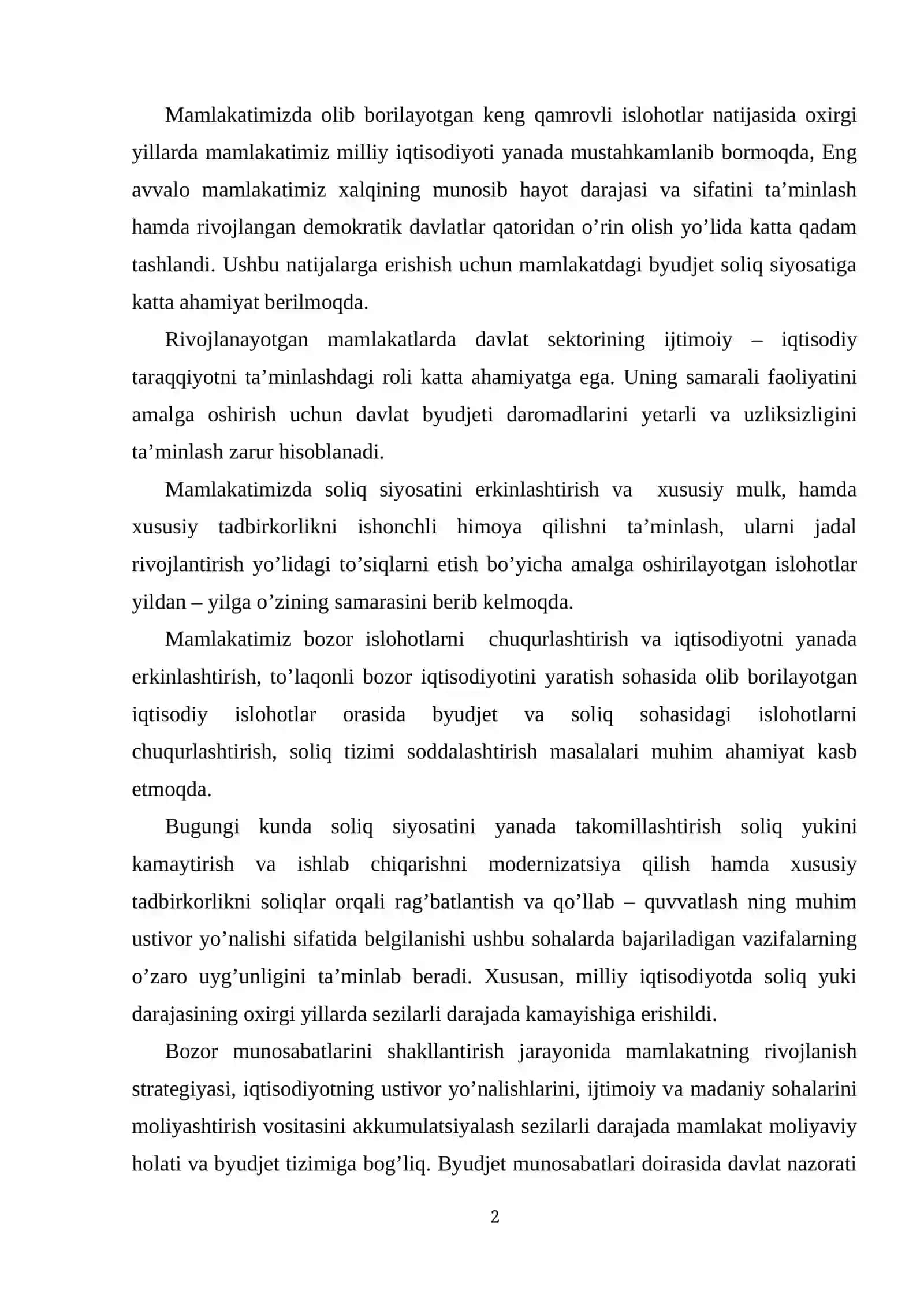 Hozirgi sharoitda O’zbekiston Respublikasida byudjet – soliq siyosating ustuvor yo’nalishlari 2