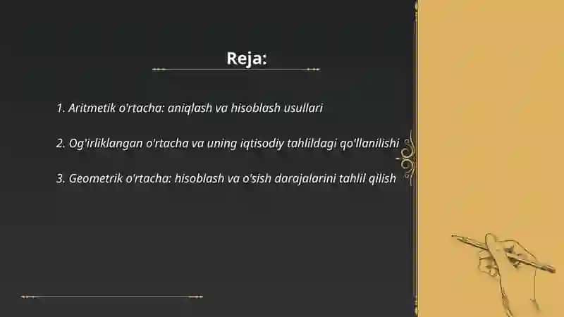 O’rtacha va nisbiy ko’rsatgichlarni hisoblash usuli va uni tahlilda qo’llanilishi 2