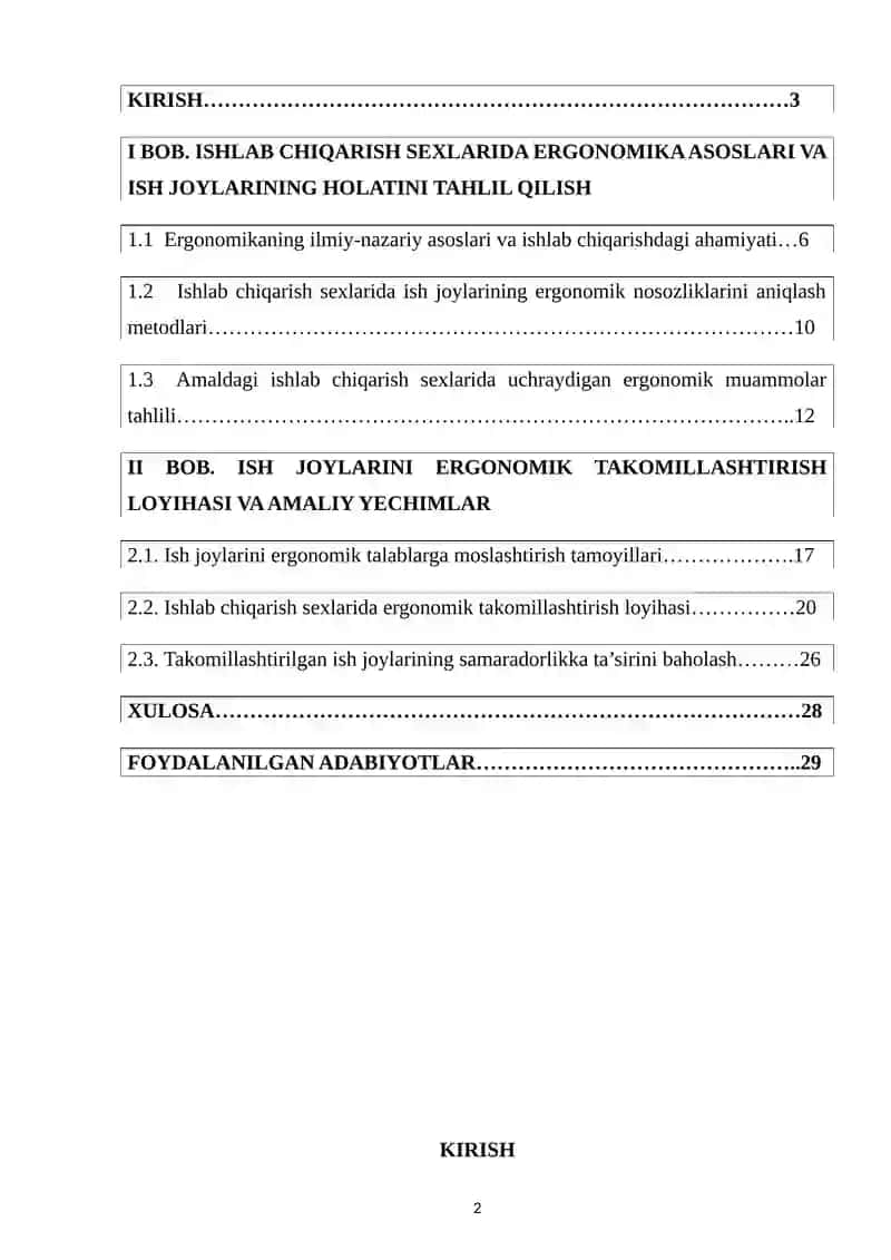 Ishlab chiqarishsexlarida ish joylarining ergonomik nosozliklarni tahlil qilish va takomillashtirish loyihasi 2