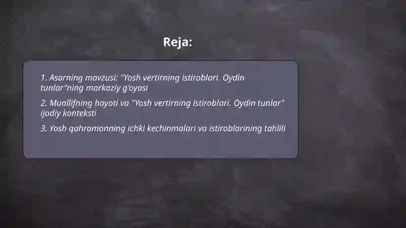 Yosh vertirning istiroblari. Oydin tunlar 2