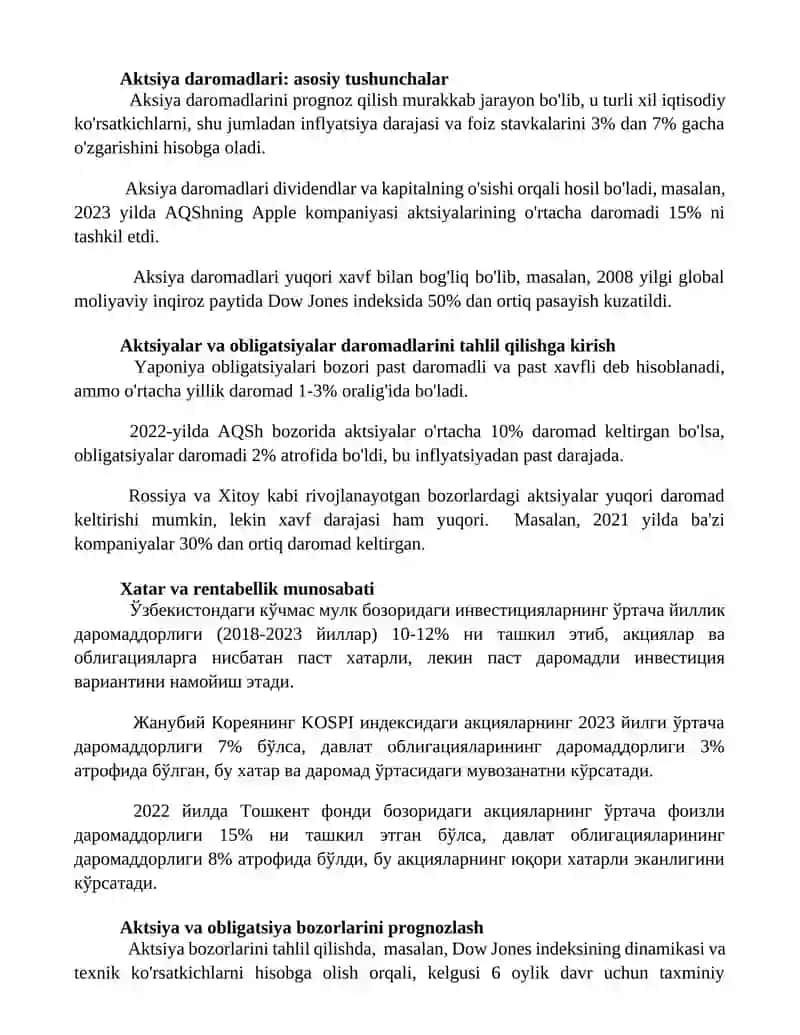 Aksiya va obligasiyalar daromadlari va ularni tahlili 2