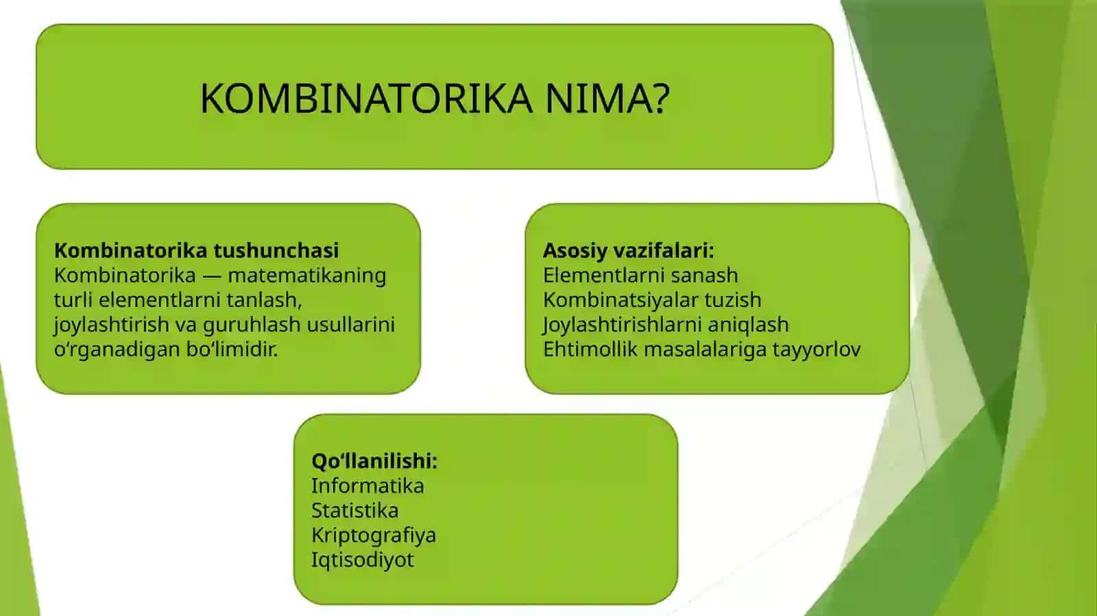 Kombinatorika formulalari yordamida yechiladigan masalalar 2