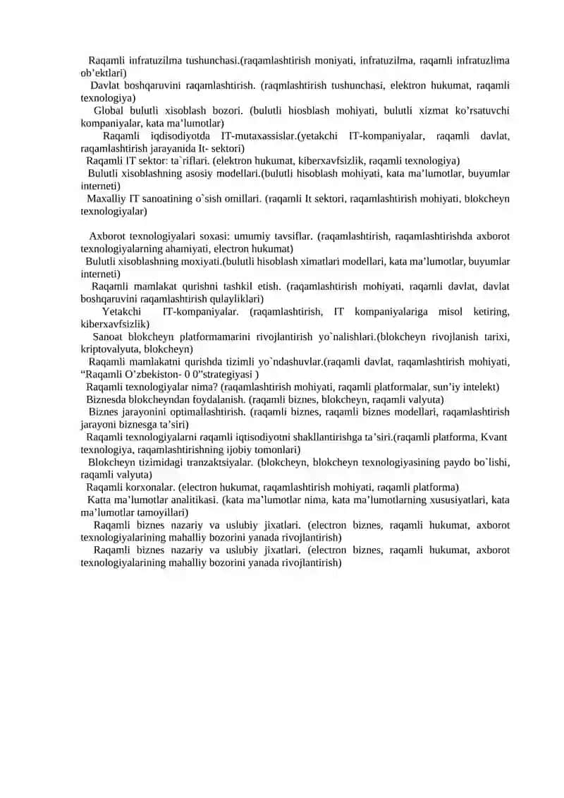 Raqamli iqtisodiyot fanidan yakuniy nazorat savollari 2