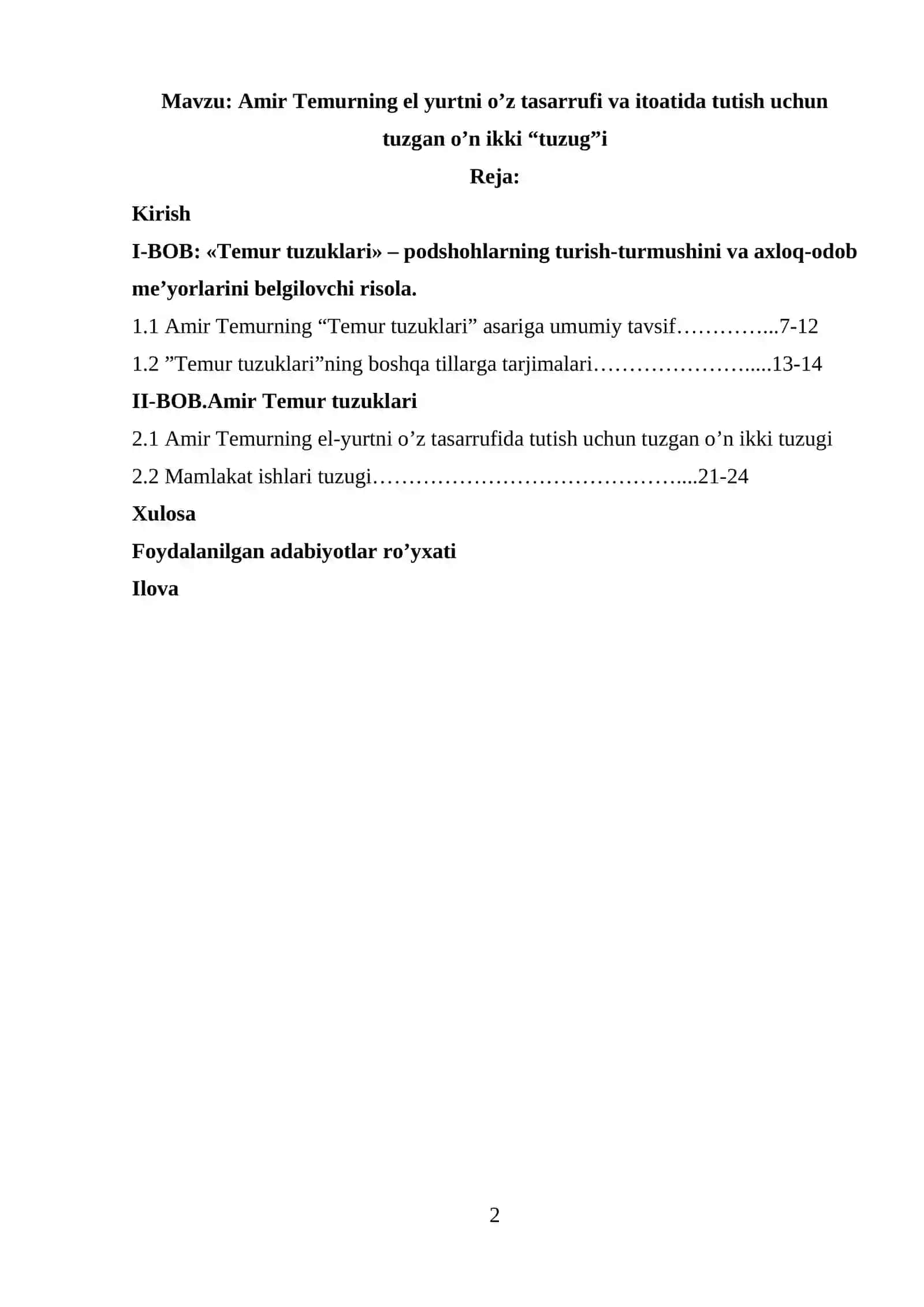 Amir Temurning el yurtni o’z tasarrufi va itoatida tutish uchun tuzgan o’n ikki “tuzug”i 2