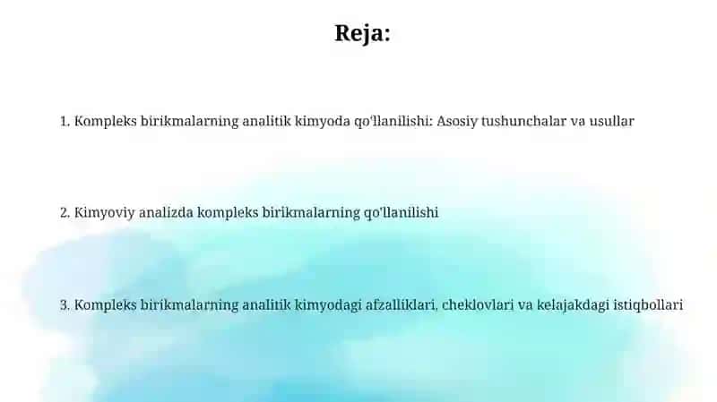 Kompleks birikmalarning kimyoviy analizda qoʻllash 2