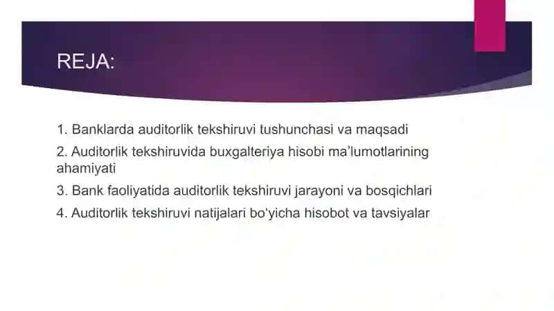 Banklarda auditorlik tekshiruvlari boʻyicha buxgalteriya hisobi 2