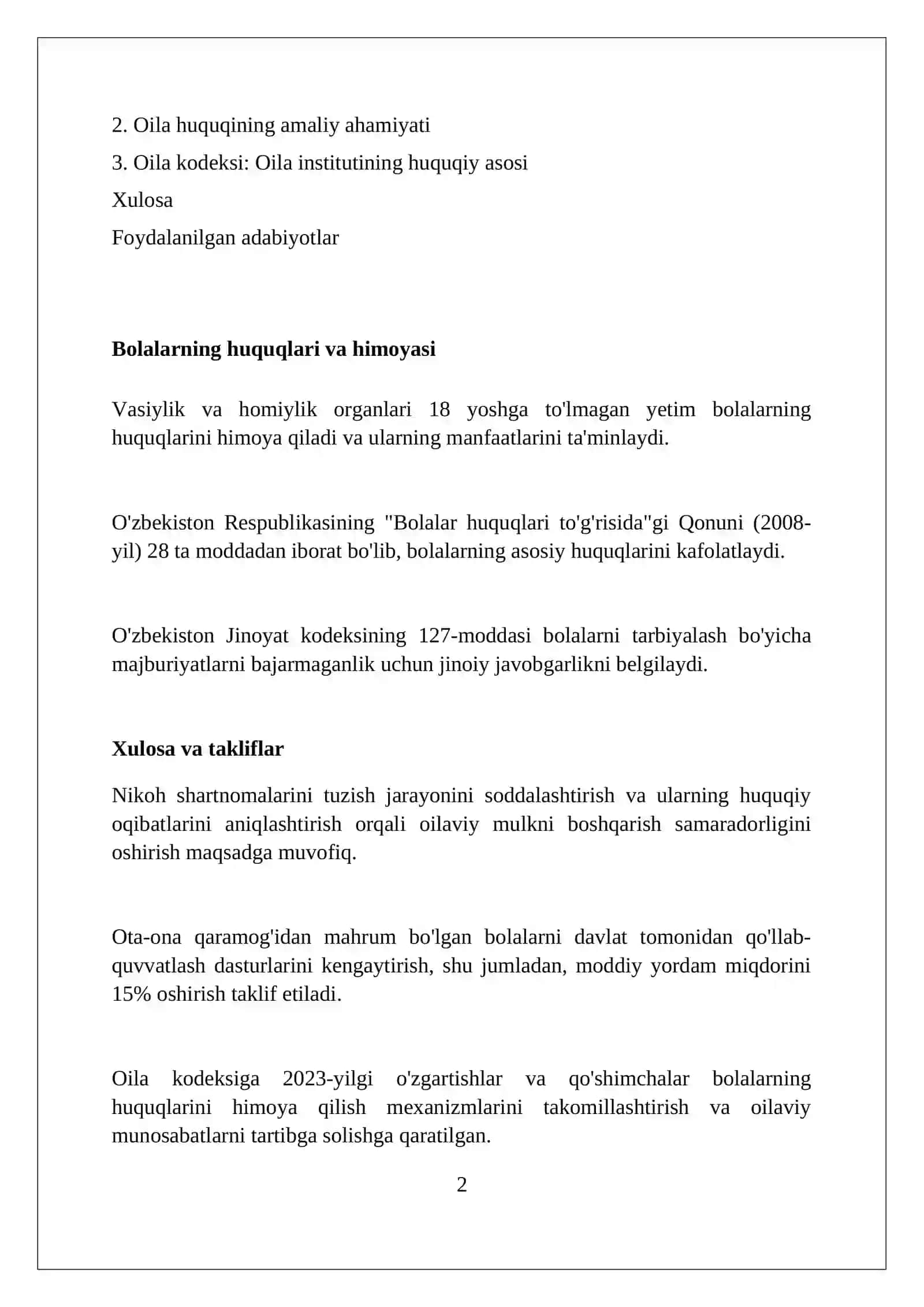 "Oila kodeksi"—oilaviy institut va bolalar tarbiyasining huquqiy asosi sifatida 2