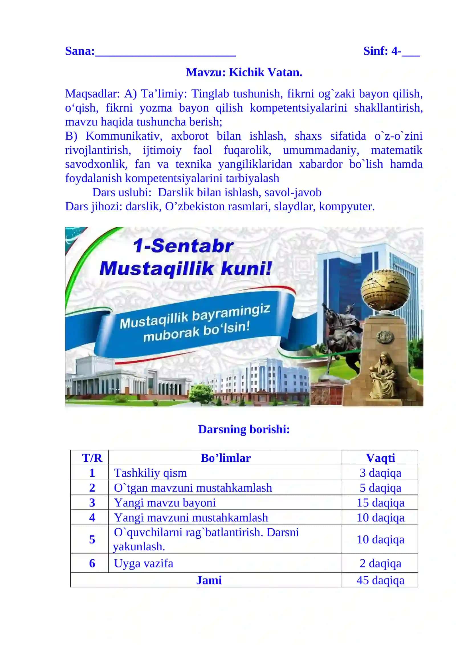 4-sinf o'qish fanidan Kichik vatan mavzusida dars ishlanmasi 2