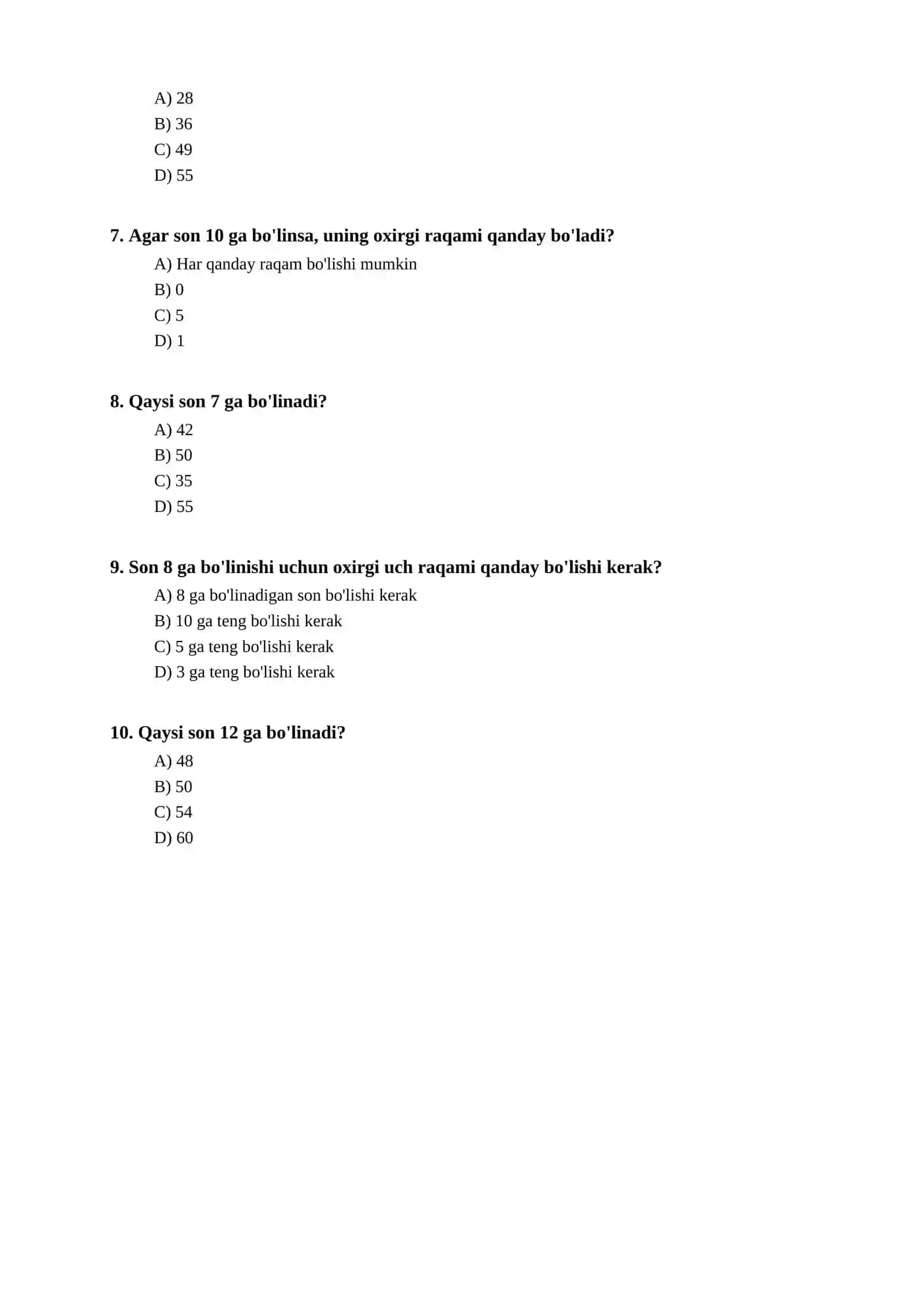 Matematika — Sonlarning bo'linishi bo'yicha test 2