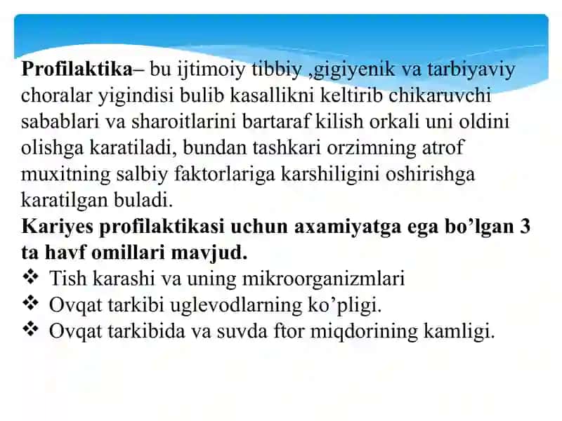 Kariyes kasalligini profilaktikasi. Kariyesni profilaktik omillar guruhi haqida ma’lumot. 2