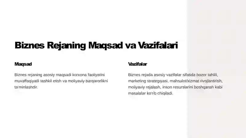 Biznes Rejasi: Maqsad va Vazifalar 2